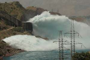 Floodgates open at one of Central Asia’s largest hydroelectric power stations in Nurek, Tajikistan