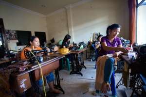 Seamstresses working for a small garment-making business in Indonesia